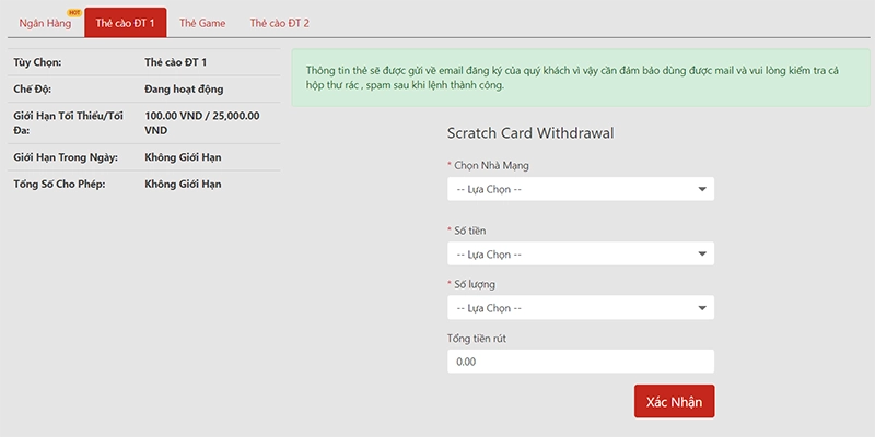 Hình thức phổ biến rút tiền vn88 bằng thẻ cào